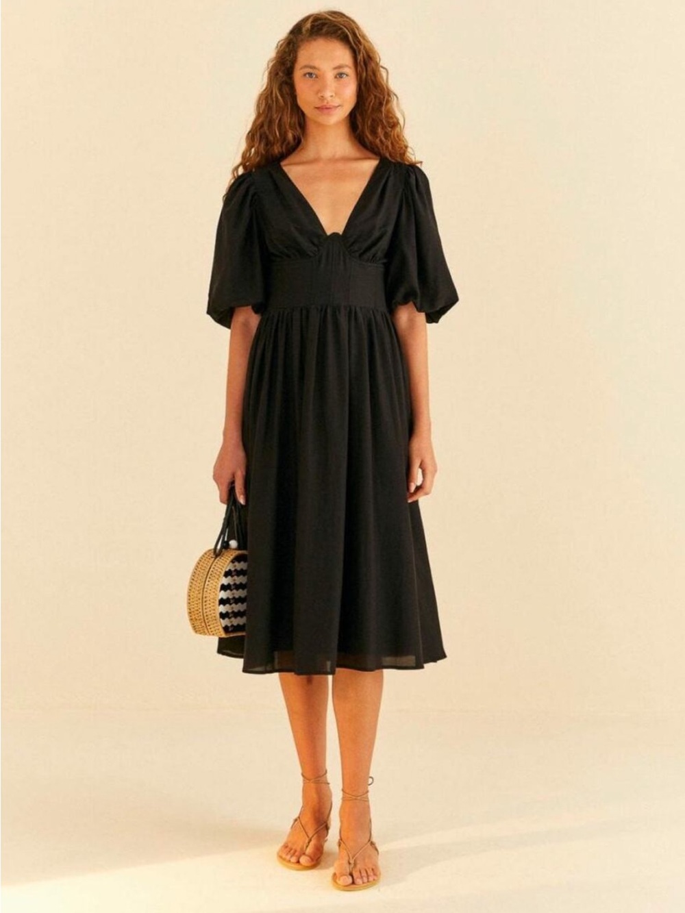 Farm Rio Black Short Puff Sleeve Midi Dress V-neck Open Back Beaded Tassel XXS
